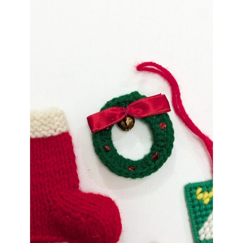 VTG Handmade Christmas Knit Crochet Plastic Canvas Yarn Ornaments Lot Of 7